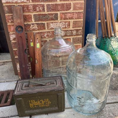 6 Pc. Lot - 2 Large Glass Jugs, Wooden Levels, Ammo Box