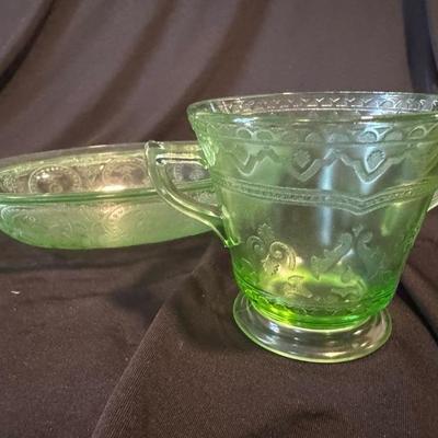 Two uranium glass table pieces - serving bowl and sugar dish