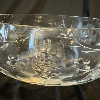 Vintage German Hand Cut Crystal, 3 Leg Bowl With Etched Floral Pattern