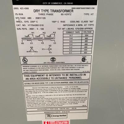 MGM Drytype 3 Phase Transformer 480 Volts on Pallet - Brand New - Never Used