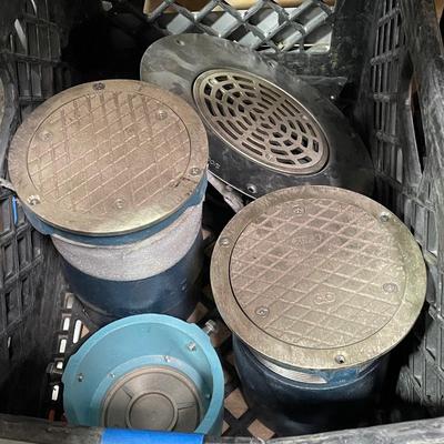 Crate with 2 Zurn Steel End Caps maybe 3" & 1 other steel piece