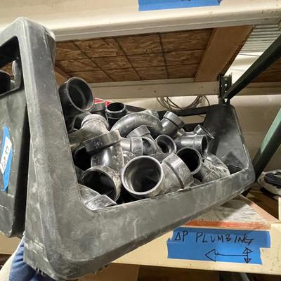 Husky tub full of black PVC connectors - maybe 2" - Great Husky storage container