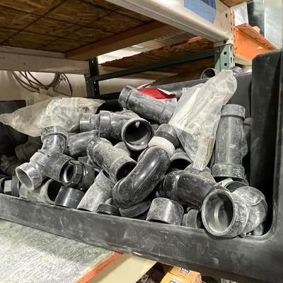 Husky Bin/Tub full of black PVC connectors - 1-1/2" approx.