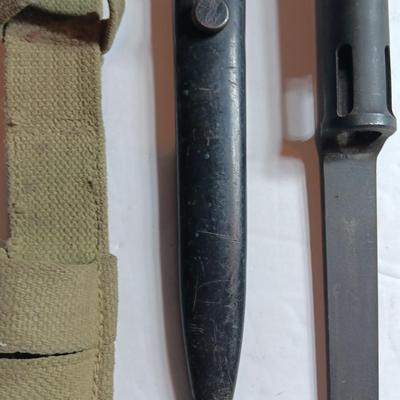 Vintage SOUTH AFRICAN R1 FAL TYPE C BAYONET, WITH SCABBARD AND CANVAS FROG
