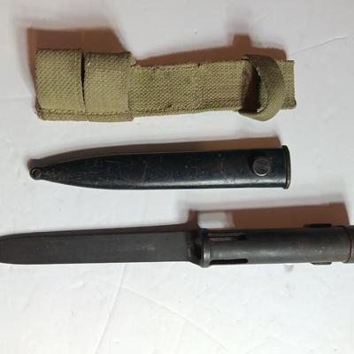 Vintage SOUTH AFRICAN R1 FAL TYPE C BAYONET, WITH SCABBARD AND CANVAS FROG