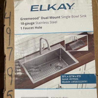 New in Box 18 ga. Stainless Steel Sink - 33"l x 22"w x 9"d - dual mount