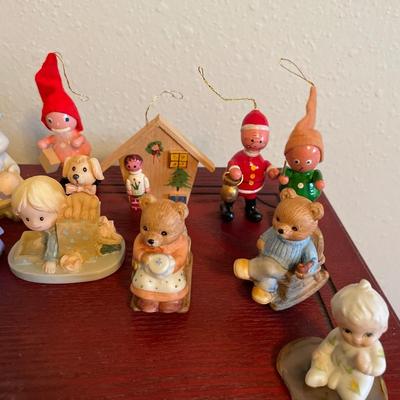 Ceramic clowns and wood ornaments