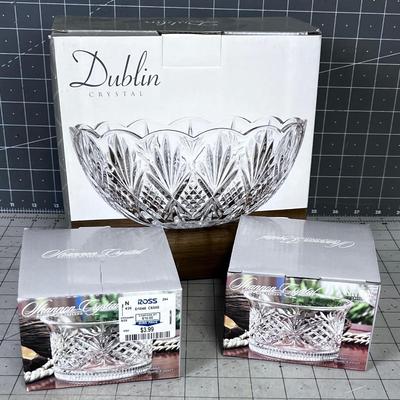 NEW in the Box, DUBLIN Crystal Serving Bowl and 2 Bottle Coasters