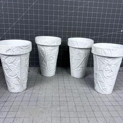 4 White Metal Vases,