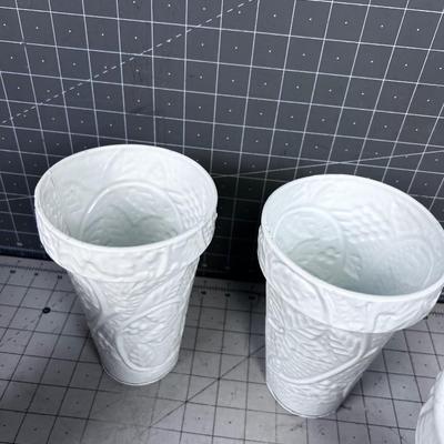 4 White Metal Vases,