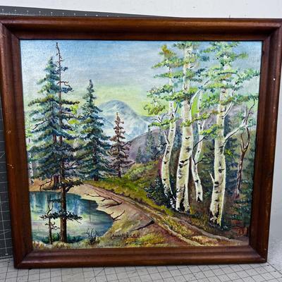 Acrylic on Board of the woods; Aspen & Pine by the Road. By Taura Jensen