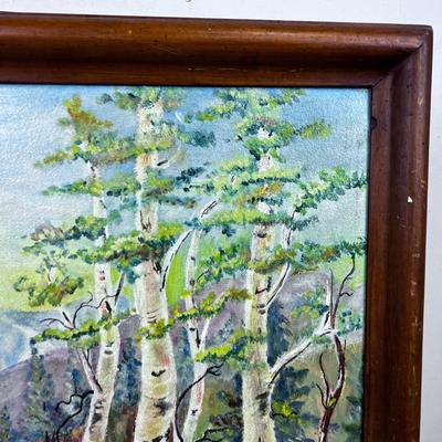 Acrylic on Board of the woods; Aspen & Pine by the Road. By Taura Jensen