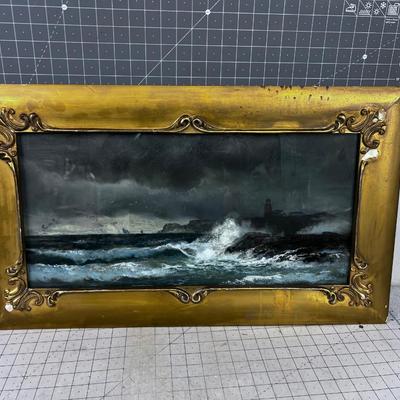 Antique Chalk Pastel Signed Unknown Signature Light House Ocean