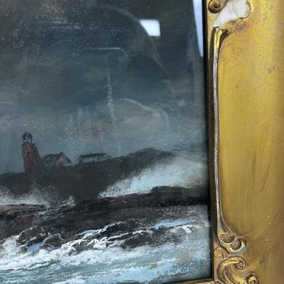 Antique Chalk Pastel Signed Unknown Signature Light House Ocean
