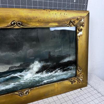 Antique Chalk Pastel Signed Unknown Signature Light House Ocean