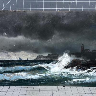 Antique Chalk Pastel Signed Unknown Signature Light House Ocean
