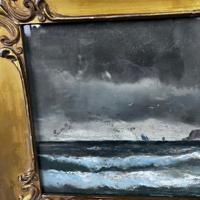 Antique Chalk Pastel Signed Unknown Signature Light House Ocean