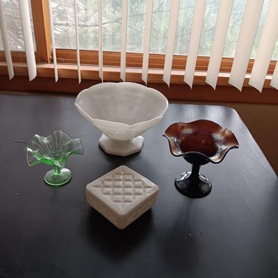 DEPRESSION & CARNIVAL GLASS COMPOTES W/MILK GLASS PEDESTAL BOWL AND LIDDED BOX