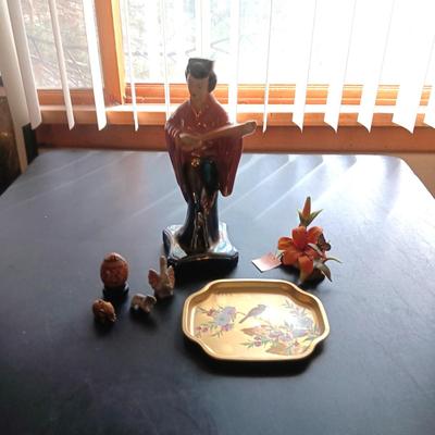 ASIAN STATUE, ELEPHANT FIGURINES, GAYLORDS PORCELAIN FLOWER AND TIN TRAY