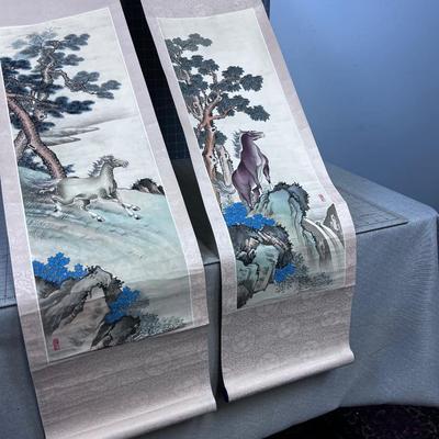 Hand Painted Japanese, Wild Horse Scrolls - Pair 