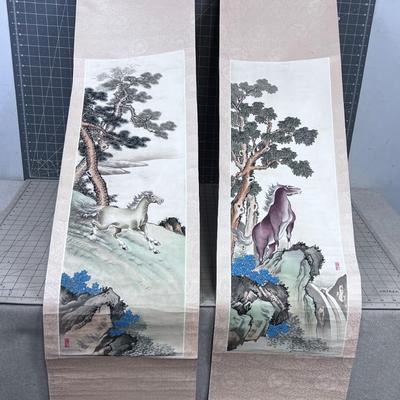 Hand Painted Japanese, Wild Horse Scrolls - Pair 