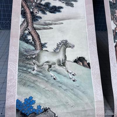 Hand Painted Japanese, Wild Horse Scrolls - Pair 