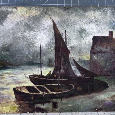 Oil on Board Antique Painting of Boat 