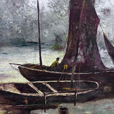 Oil on Board Antique Painting of Boat 
