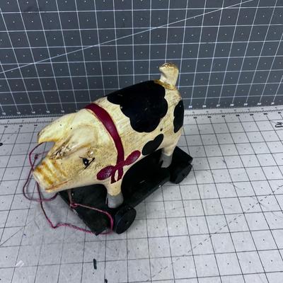 Carved Wooden Pig Pull Toy 
