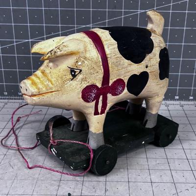 Carved Wooden Pig Pull Toy 