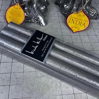 Cast Aluminum Candle Sticks with Candles. Silver Color