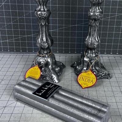 Cast Aluminum Candle Sticks with Candles. Silver Color