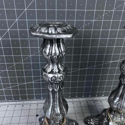 Cast Aluminum Candle Sticks with Candles. Silver Color