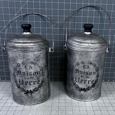 2 Decorative Metal Buckets with Handle 