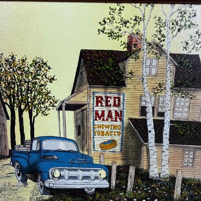 Screen Print On Canvas Red Man and Old Truck, With COA 