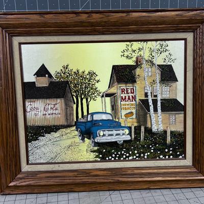 Screen Print On Canvas Red Man and Old Truck, With COA 