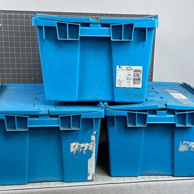 (3) Heavy Duty TOTES with attached Lids. Blue 