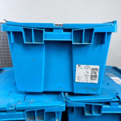 (3) Heavy Duty TOTES with attached Lids. Blue 