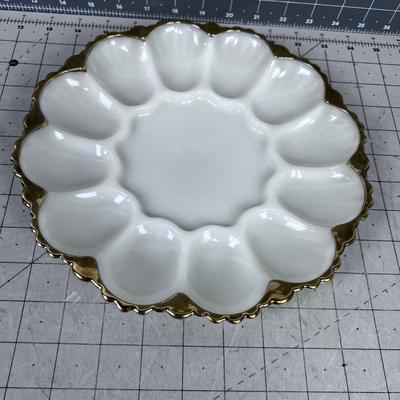 EASTER SPECIAL! Gold Rimmed Milk Glass Deviled Egg Serving Tray 