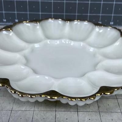 EASTER SPECIAL! Gold Rimmed Milk Glass Deviled Egg Serving Tray 