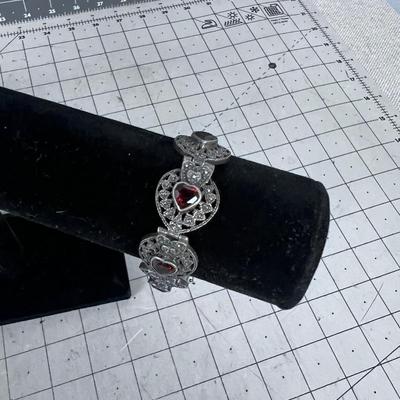 925 Silver & Marcasite And Rubies Bracelet HEART Shaped RUBIES 