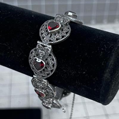 925 Silver & Marcasite And Rubies Bracelet HEART Shaped RUBIES 