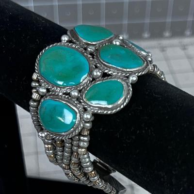 Old Pawn Turquoise, Very  GREEN and Silver NATIVE American Bracelet 