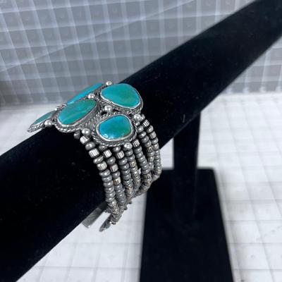 Old Pawn Turquoise, Very  GREEN and Silver NATIVE American Bracelet 