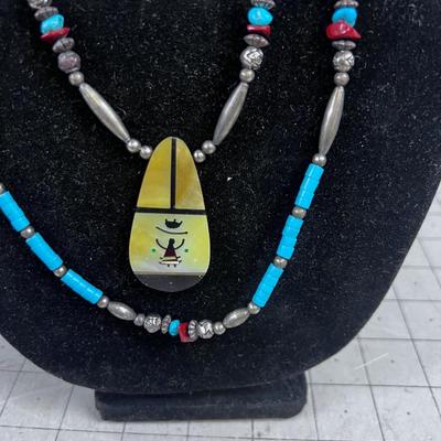 Liquid Silver and Cut Turquoise Beads Plus Inlay Pendant