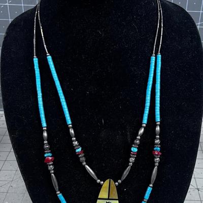Liquid Silver and Cut Turquoise Beads Plus Inlay Pendant