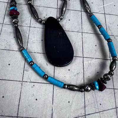 Liquid Silver and Cut Turquoise Beads Plus Inlay Pendant