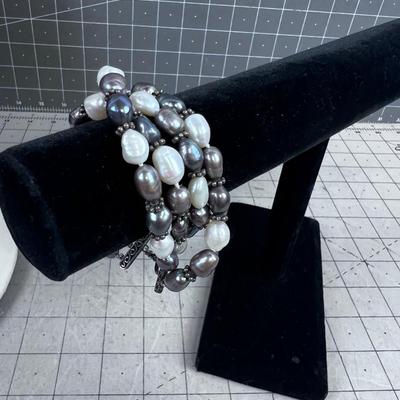 Freshwater Pearl White & Gray plus 925 Silver Bracelet
