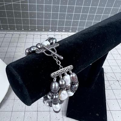 Freshwater Pearl White & Gray plus 925 Silver Bracelet