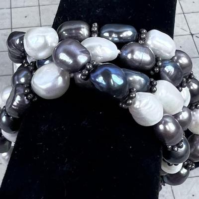 Freshwater Pearl White & Gray plus 925 Silver Bracelet